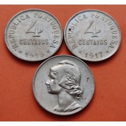 . 2 monedas x PORTUGAL 4 CENTAVOS 1917 + 4 CENTAVOS 1919 DAMA KM.566 MONEDA DE NICKEL MBC+ República Portuguesa