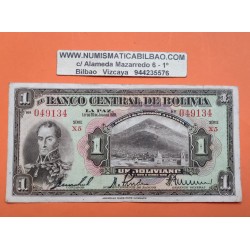 BOLIVIA 1 BOLIVIANO 1928 SIMON BOLIVAR Serie X5 049134 Pick 118 BILLETE CIRCULADO American Banknote Company