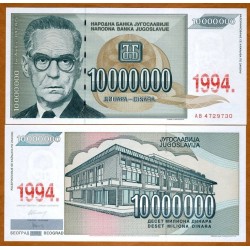 YUGOSLAVIA 10000000 DINARA 1994 IVO ANDRIC @FECHA EN TINTA@ Pick 144 BILLETE SC 10 Millones Dinar UNC BANKNOTE
