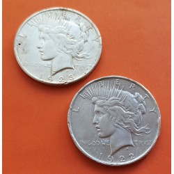 2 monedas CIRCULADAS x ESTADOS UNIDOS 1 DOLAR 1922 + 1 DOLAR 1923 PEACE PAZ KM.150 PLATA USA $1 Dollar silver coin