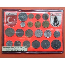 20 monedas x TURQUIA 1+5+10+25+50 KURUS y 1+2,50+100+500 LIRA 1944 a 1987 Todas DIFERENTES PEGADAS SOBRE EL CARTÓN