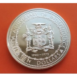 1,46 Onzas x JAMAICA 10 DOLARES 1972 MANLEY & BUSTAMANTE 10 AÑOS DE INDEPENDENCIA KM.36 MONEDA DE PLATA PROOF