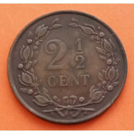 HOLANDA 2,50 CENTIMOS 1886 LEON CON ESPADA KM.108 MONEDA DE BRONCE EBC- @ESCASA@ The Netherlands 2-1/2 Cents