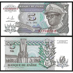 ZAIRE 5 MAKUTA 1993 DICTADOR MOBUTU Pick 48 BILLETE SC UNC BANKNOTE 5 Nouveaux Makuta