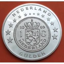 0,96 ONZAS Serie MONEDA UNICA x HOLANDA 1 GULDEN 1969 - 2002 MEDALLA DE PLATA PURA UNION EUROPEA PROOF 28,40 grs 41mm