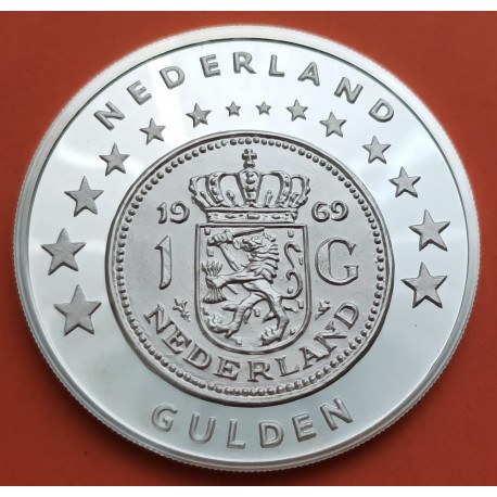 0,96 ONZAS Serie MONEDA UNICA x HOLANDA 1 GULDEN 1969 - 2002 MEDALLA DE PLATA PURA UNION EUROPEA PROOF 28,40 grs 41mm