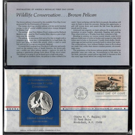 0,75 Onzas x ESTADOS UNIDOS 1972 MEDALLA DE PLATA + SELLO de BROWN PELICANO American Wildlife Conservation