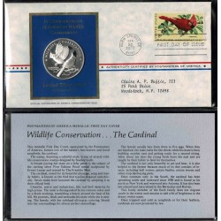 0,75 Onzas x ESTADOS UNIDOS 1972 MEDALLA DE PLATA + PAJARO THE CARDINAL NORTEÑO American Wildlife Conservation