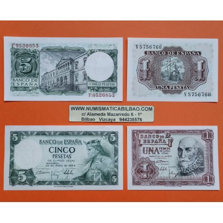 . @2 ULTIMOS BILLETES FABRICADOS y NUEVOS@ ESPAÑA 1 PESETA 1953 MARQUES Pick 144 + 5 PESETAS 1954 REY ALFONSO X Pick 146 SC