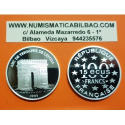 FRANCIA 100 FRANCOS 1993 PARIS EL ARCO DEL TRIUNFO KM.1031 @CÁPSULA@ MONEDA DE PLATA PROOF France 15 Ecus CERTIFICADO