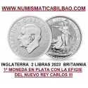 . 1 acoin @BRITANNIA 1ª con CHARLES III@ INGLATERRA 2 LIBRAS 2023 BRITANNIA REY CARLOS III MONEDA DE PLATA Oz ONZA cápsula