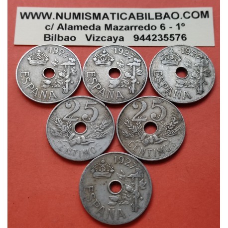 . 1 moneda x ESPAÑA 25 CENTIMOS 1927 PCS MARTILLO y CORONA Época REY ALFONSO XIII KM.742 NICKEL MUY CIRCULADA