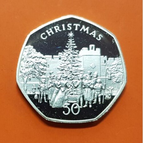 ISLA DE MAN 50 PENIQUES 1982 CHRISTMAS CORO y ARBOL DE NAVIDAD KM.794 MONEDA DE PLATA PROOF Imperfecciones 50 Pence UK