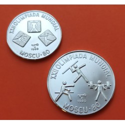 2 monedas x CUBA 5 PESOS 1980 + 10 PESOS 1980 XXII OLIMPIADA MOSCU KM.48+51 PLATA PROOF Caribe silver coin