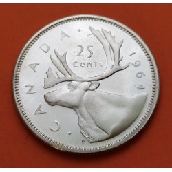 CANADA 25 CENTAVOS 1964 REINA ISABEL II y ALCE KARIBOU KM.52 MONEDA DE PLATA PROOF silver coin