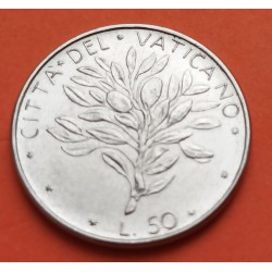 VATICANO 50 LIRAS 1971 ARBOL DE OLIVO y ESCUDO DEL PAPA PABLO VI KM.121 MONEDA DE ACERO SC 50 Lire