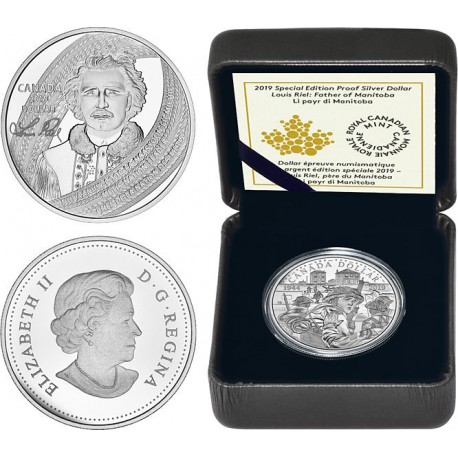 CANADA 1 DOLAR 2019 LOUIS RIEL FATHER OF MANITOBA MONEDA DE PLATA PROOF ESTUCHE CERTIFICADO $1 Dollar silver coin