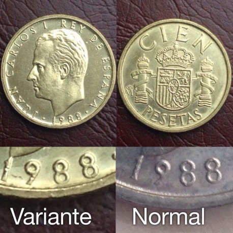 @ERROR BUSTO GRANDE y FECHA JUNTO AL CANTO@ ESPAÑA 100 PESETAS 1988 JUAN CARLOS I MONEDA SIN CIRCULAR