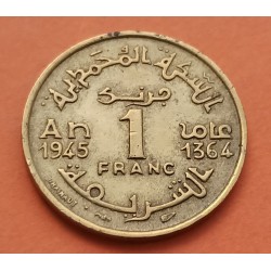 MARRUECOS 1 FRANCO 1945 AH1364 ESTRELLA MOHAMMED V KM.41 MONEDA DE LATON MBC Morocco 1 Franc