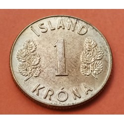 ISLANDIA 1 KRONA 1971 ESCUDO NACIONAL DRAGON y GIGANTE KM.12A MONEDA DE LATON MBC+ Iceland 1 Kroner