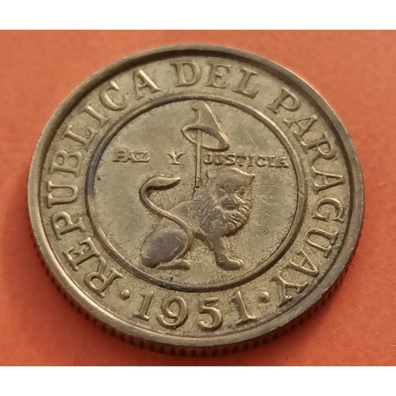 PARAGUAY 50 CENTIMOS 1951 LEON PAZ y JUSTICIA KM.24 MONEDA DE LATON MBC+ @ESCASA y LOBULADA@