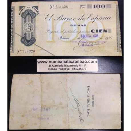 BILBAO 100 PESETAS 1936 BANCO DE VIZCAYA 534326 EUZKADI