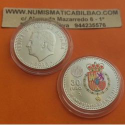 1 moneda NO BOLSA x ESPAÑA 30 EUROS 2018 ESCUDO DEL REY FELIPE VI A COLORES 50 ANIVERSARIO PLATA SC SI CÁPSULA