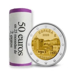 . 25 monedas x ESPAÑA 2 EUROS 2023 CIUDAD VIEJA DE CÁCERES Serie UNESCO SC BIMETALICA CONMEMORATIVA TACO CARTUCHO FNMT