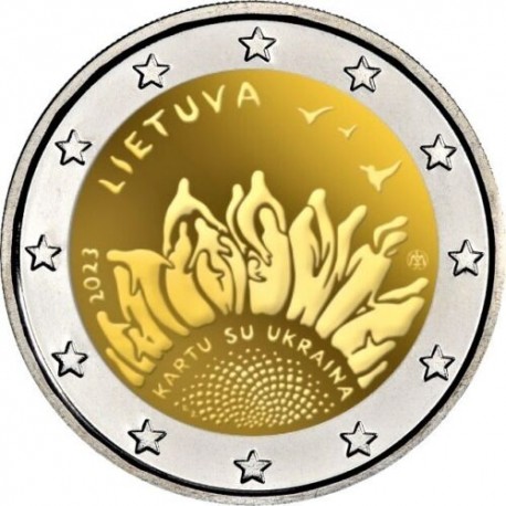 . 1 acoin LITUANIA 2 EUROS 2023 TODOS CON UCRANIA SOL RADIANTE PAZ y GUERRA 1ª CONMEMORATIVA SC Lietuva