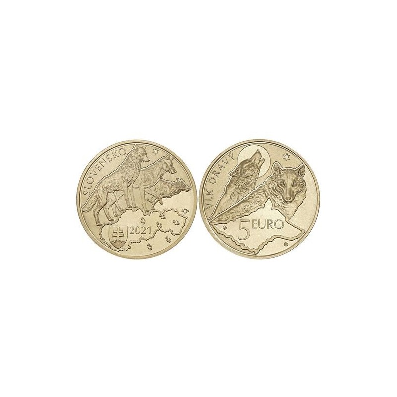 . @ENVIO INMEDIATO@ ESLOVAQUIA 5 EUROS 2021 LOBOS EN MANADA AULLANDO Flora y Fauna 2ª MONEDA DE LATON SC Slovakia