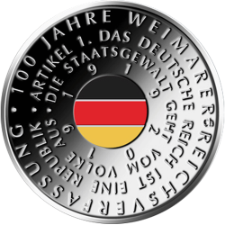 ALEMANIA 20 EUROS 2019 A CENTENARIO DE LA CONSTITUCION @COLORES@ MONEDA DE PLATA SC Germany BRD coin