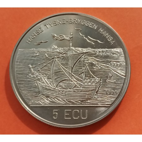 NORUEGA 5 ECU 1995 BERGEN BRYGGE GALEÓN KM.X.14 MONEDA DE NICKEL SC Norway 5 ECUS 1995