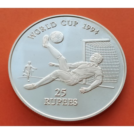 SEYCHELLES 25 RUPIAS 1993 MUNDIAL DE FUTBOL USA 1994 KM.67 MONEDA DE PLATA PROOF Infimas rayitas SOCCER