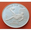 SEYCHELLES 25 RUPIAS 1993 MUNDIAL DE FUTBOL USA 1994 KM.67 MONEDA DE PLATA PROOF Infimas rayitas SOCCER