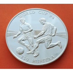 MALDIVAS 250 RUFIYAA 1993 MUNDIAL DE FUTBOL USA 1994 KM.83 MONEDA DE PLATA PROOF Infimas rayitas MALDIVES SOCCER