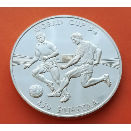 MALDIVAS 250 RUFIYAA 1993 MUNDIAL DE FUTBOL USA 1994 KM.83 MONEDA DE PLATA PROOF Infimas rayitas MALDIVES SOCCER