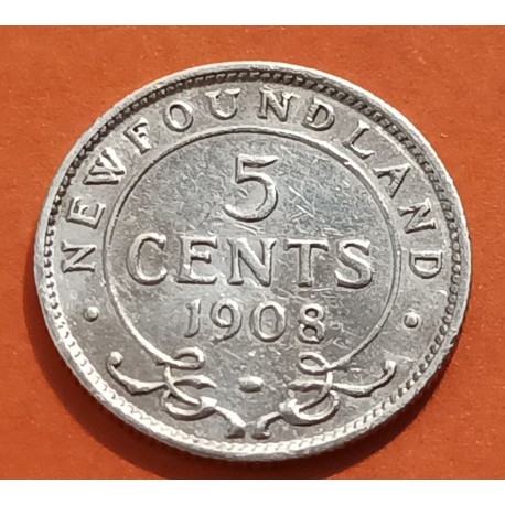 CANADA 5 CENTAVOS 1908 NEWFOUNDLAND REY EDUARDO VII KM.7 MONEDA DE PLATA MBC 5 Cent TERRANOVA NEW FOUNDLAND