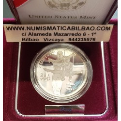 ESTADOS UNIDOS 1 DOLAR 1995 P OLIMPIADA DE ATLANTA GIMNASIA y ANILLAS KM.260 MONEDA DE PLATA PROOF Estuche Gymnastics