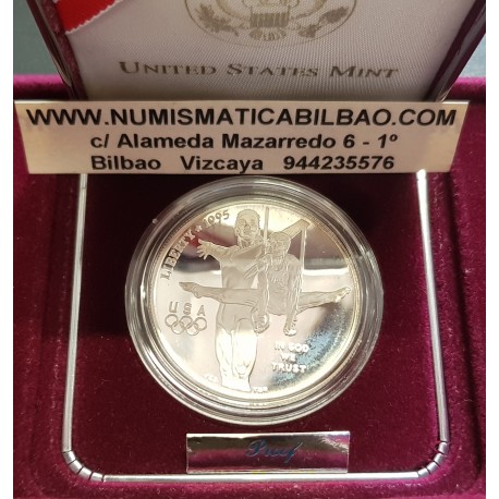 ESTADOS UNIDOS 1 DOLAR 1995 P OLIMPIADA DE ATLANTA GIMNASIA y ANILLAS KM.260 MONEDA DE PLATA PROOF Estuche Gymnastics