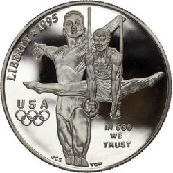 ESTADOS UNIDOS 1 DOLAR 1995 P OLIMPIADA DE ATLANTA GIMANSIA y ANILLAS KM.260 MONEDA DE PLATA PROOF Estuche Gymnastics
