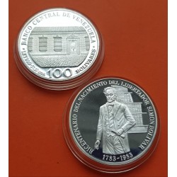 1 ONZA Ley 900 mls. x VENEZUELA 100 BOLIVARES 1983 BICENTENARIO DEL LIBERTADOR SIMON BOLIVAR KM.58 MONEDA DE PLATA PROOF