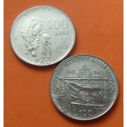 2 monedas x ITALIA 100 LIRAS 1979 CABALLOS y FAO KM.106 + ITALIA 100 LIRAS 1981 ACADEMIA MILITAR LIVORNO KM.108 ACERO SC-