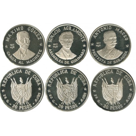 3 monedas x CUBA 20 PESOS 1977 AGRAMONTE + MACEO + MAXIMO KM.187+188+189 PLATA PROOF Imperfecciones Caribe