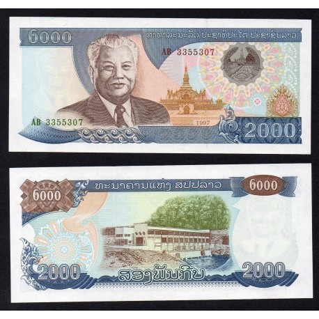 LAOS 2000 KIP 1997 PRESIDENTE y PRESA ELECTRICA Pick 33a BILLETE SC Lao Republic UNC BANKNOTE