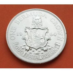 BERMUDA 1 CORONA 1964 LEON y ESCUDO ISABEL II KM.14 CARIBE MONEDA DE PLATA EBC silver dollar