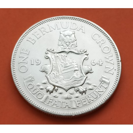 BERMUDA 1 CORONA 1964 LEON y ESCUDO ISABEL II KM.14 CARIBE MONEDA DE PLATA EBC silver dollar