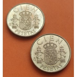 . 2 monedas x ESPAÑA 100 PESETAS 1983 JUAN CARLOS I FLOR DE LIS ARRIBA + ABAJO @SC + IMPERFECCIONES@ LATON Pareja P/4