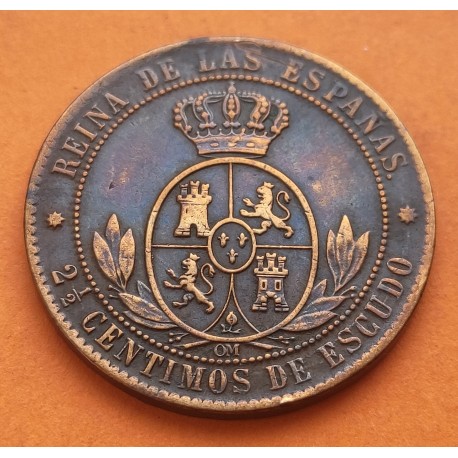 ESPAÑA Reina ISABEL II 2,50 CENTIMOS DE ESCUDO 1868 OM Ceca de BARCELONA KM.634.1 MONEDA DE COBRE Spain 2 1/2 Centimos R/2