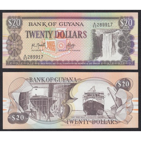 GUYANA 20 DOLARES 1989 CATARATA y BARCO FERRY VESSEL Pick 27 BILLETE SC UNC BANKNOTE