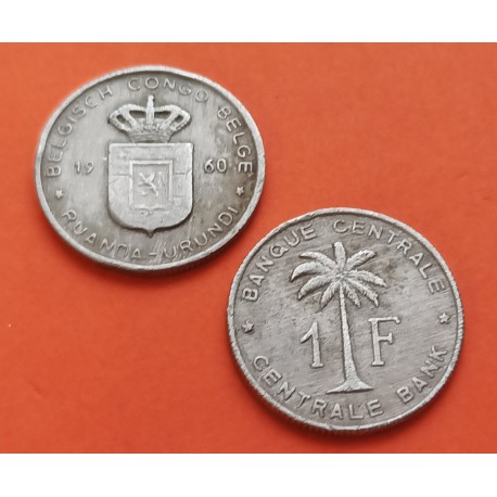 1 moneda x CONGO BELGA 1 FRANCO 1960 PALMERA RUANDA URUNDI KM.4 ALUMINIO MBC- Burundi Belgisch Belge 1 Franc